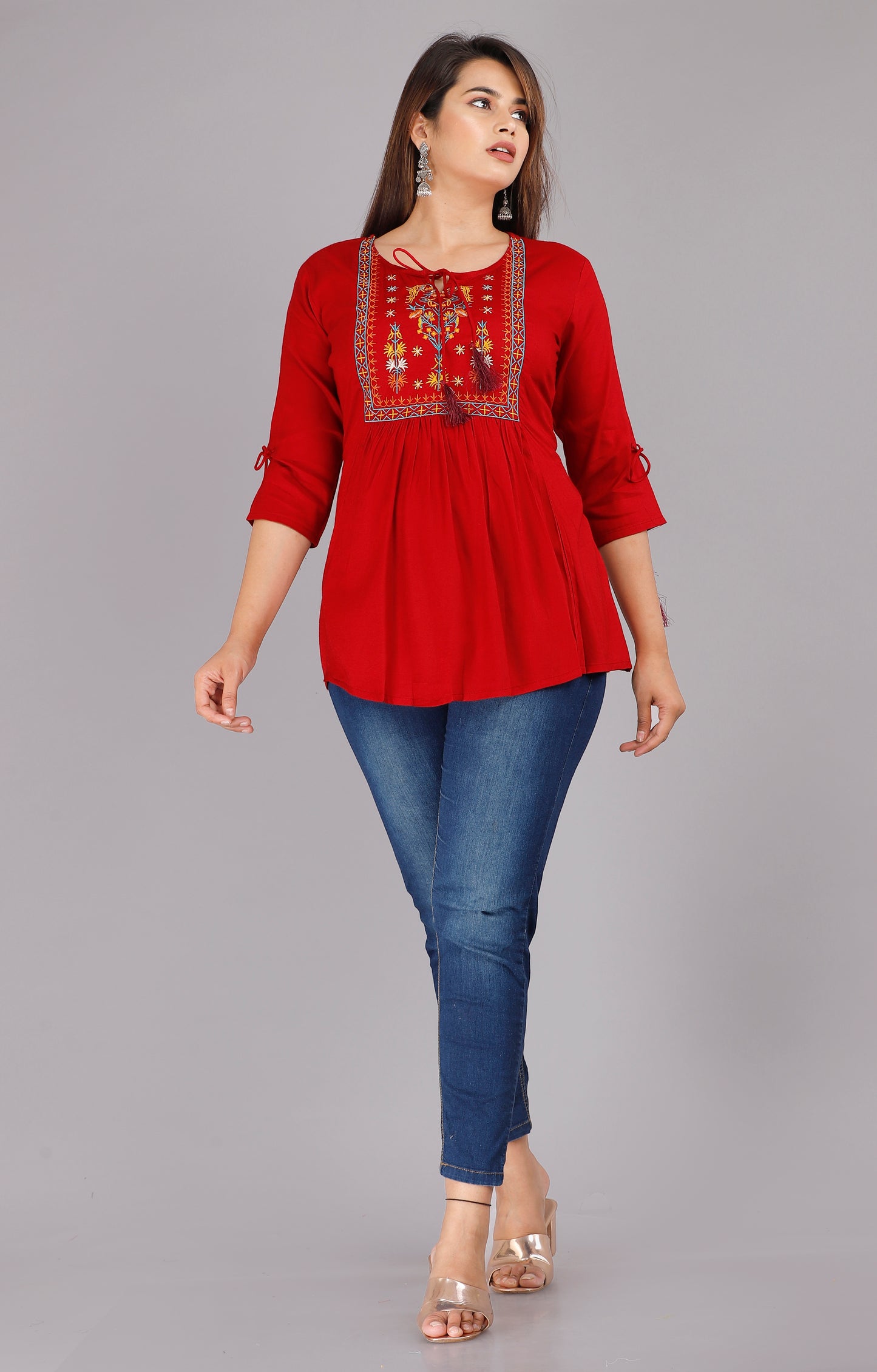 Round Neck Maroon Embroidered Top