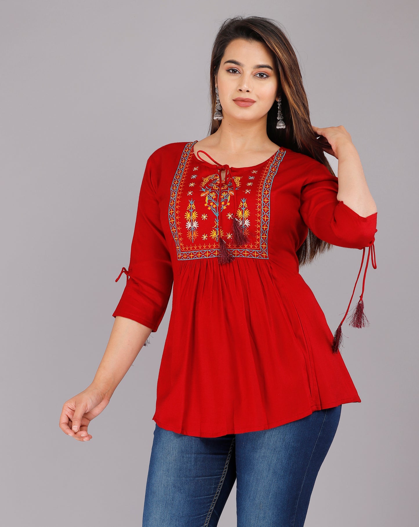 Round Neck Maroon Embroidered Top