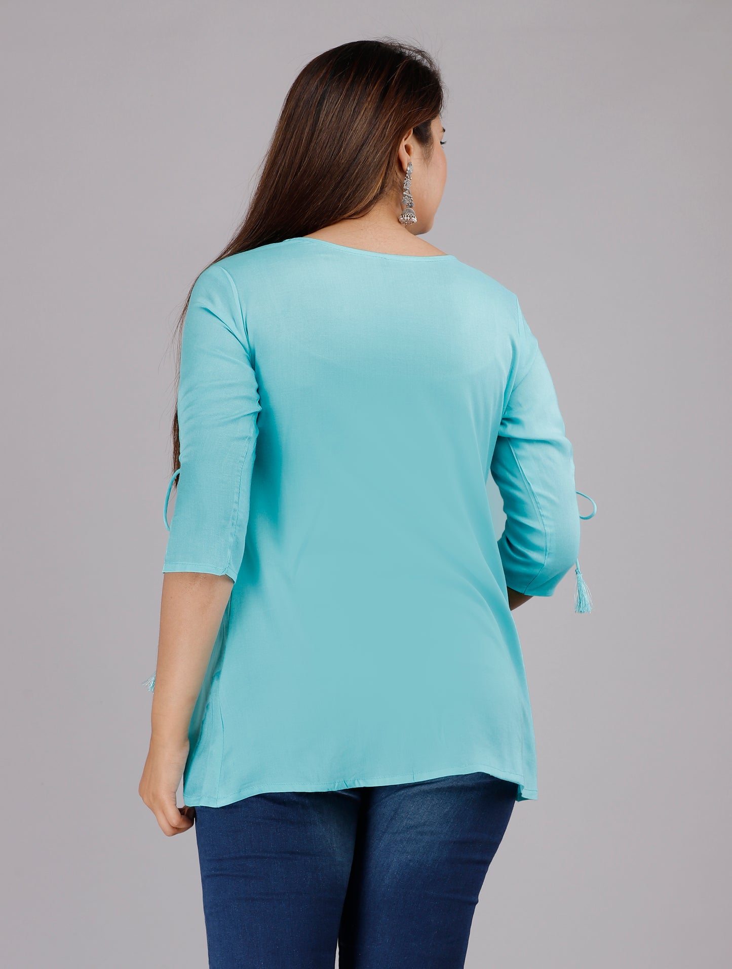 Round Neck Aqua Blue Embroidered Top