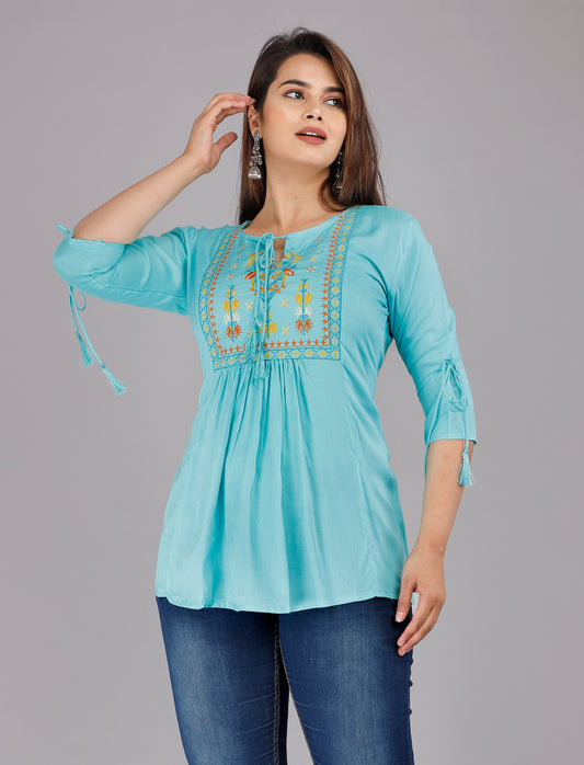 Round Neck Aqua Blue Embroidered Top