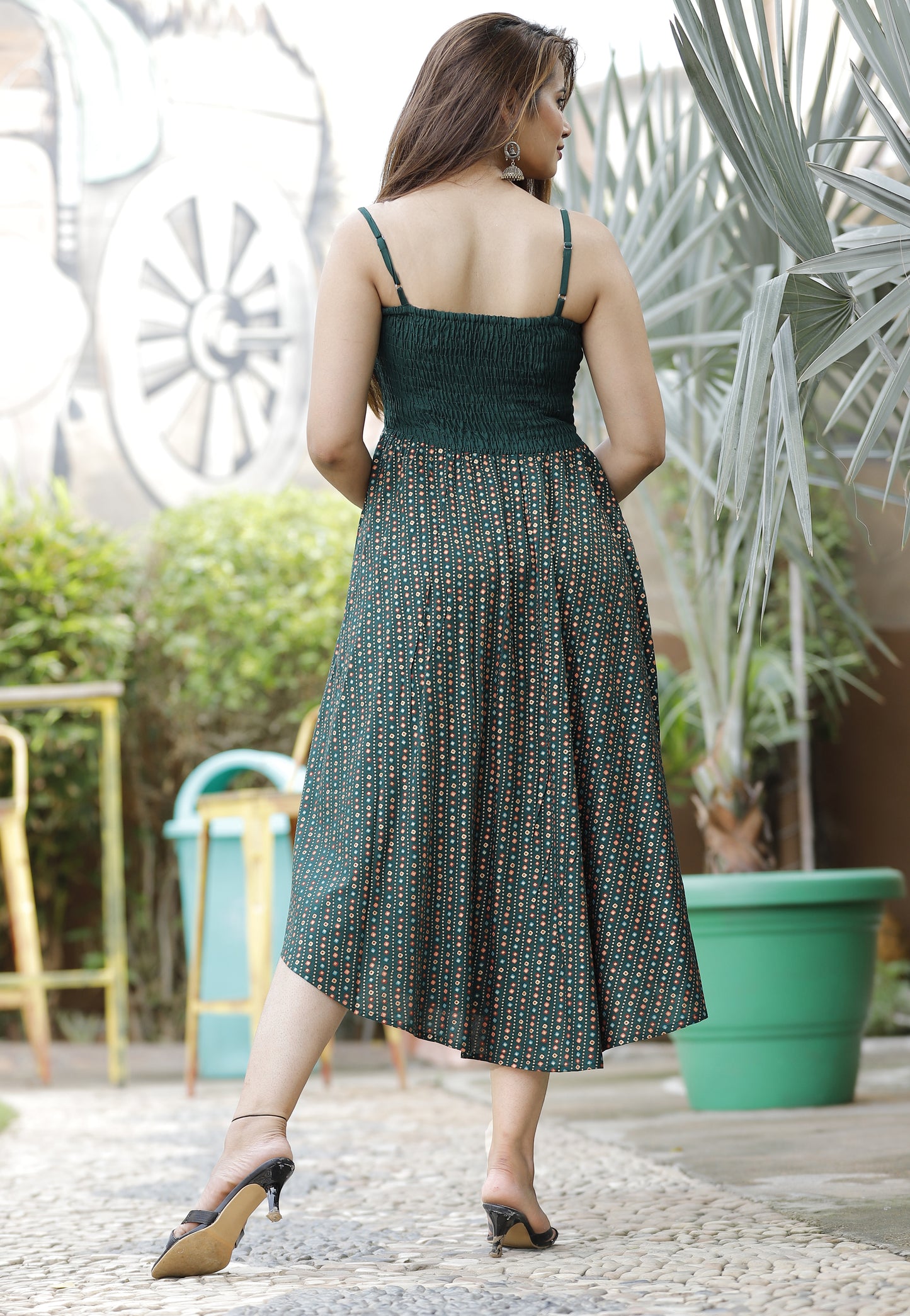 Green Lahariya Bandhej Printed Shoulder Straps Long Gown