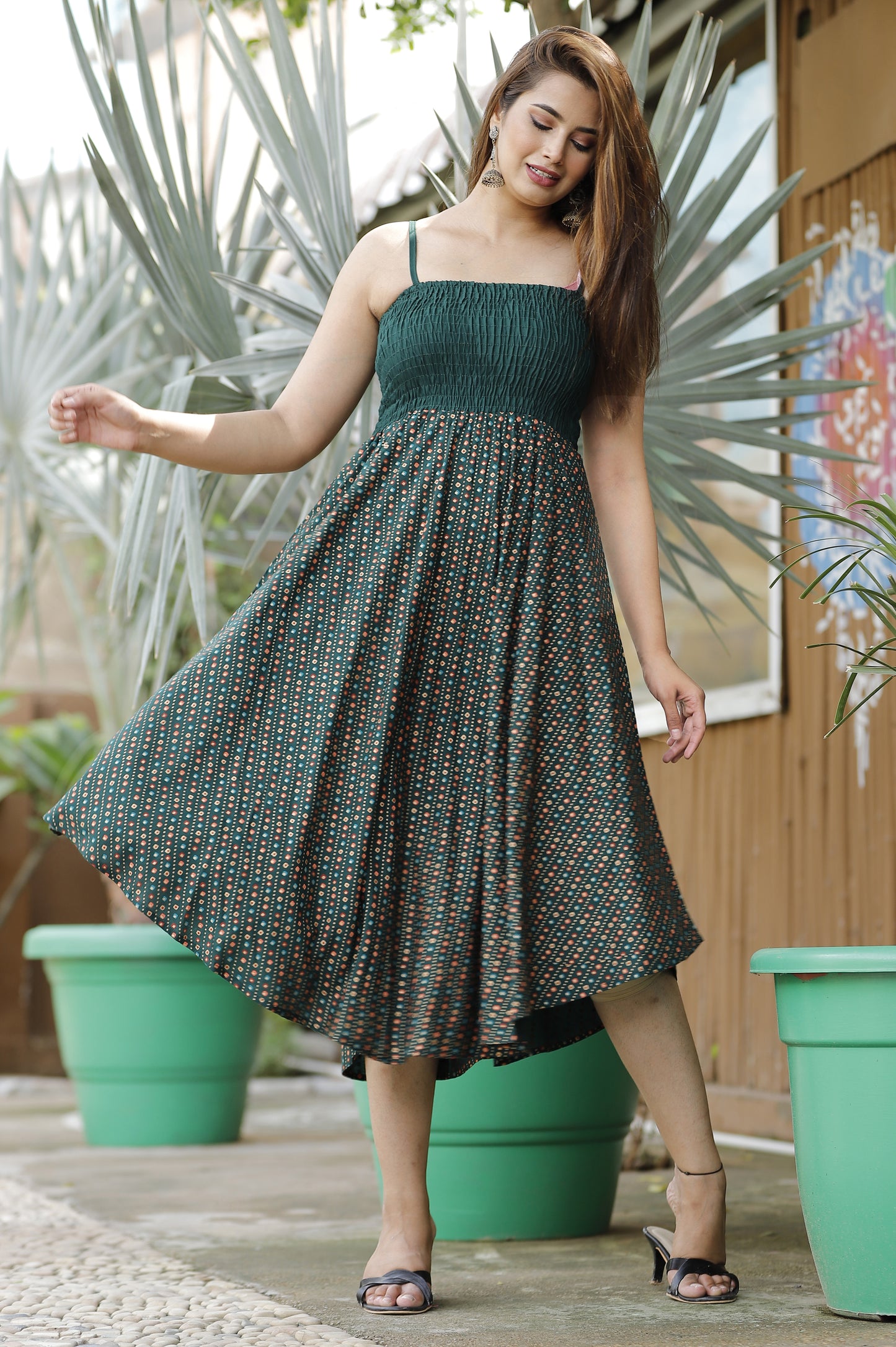 Green Lahariya Bandhej Printed Shoulder Straps Long Gown