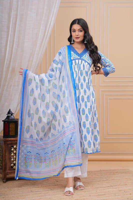 Printed Blue Flower A-line V-Neck Kurta with Pant and Dupatta