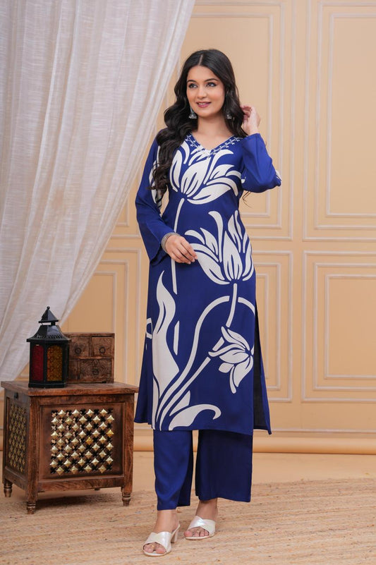 Discharge Printed V Neck Hand Work Blue Flower A-line Kurta Pant with Pant