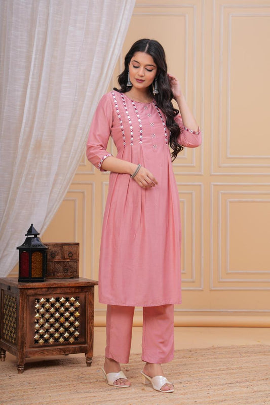 Women Chanderi Print Round Kurta with Pant  Printed