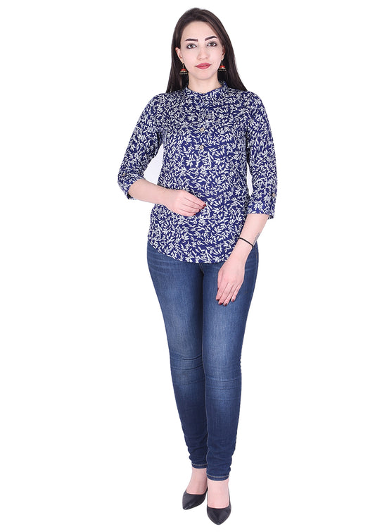 Casual 3/4th Sleeve Blue Flower Printed Top