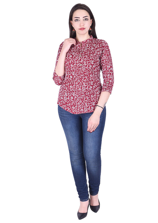 Casual 3/4th Sleeve maroon Flower Printed Top
