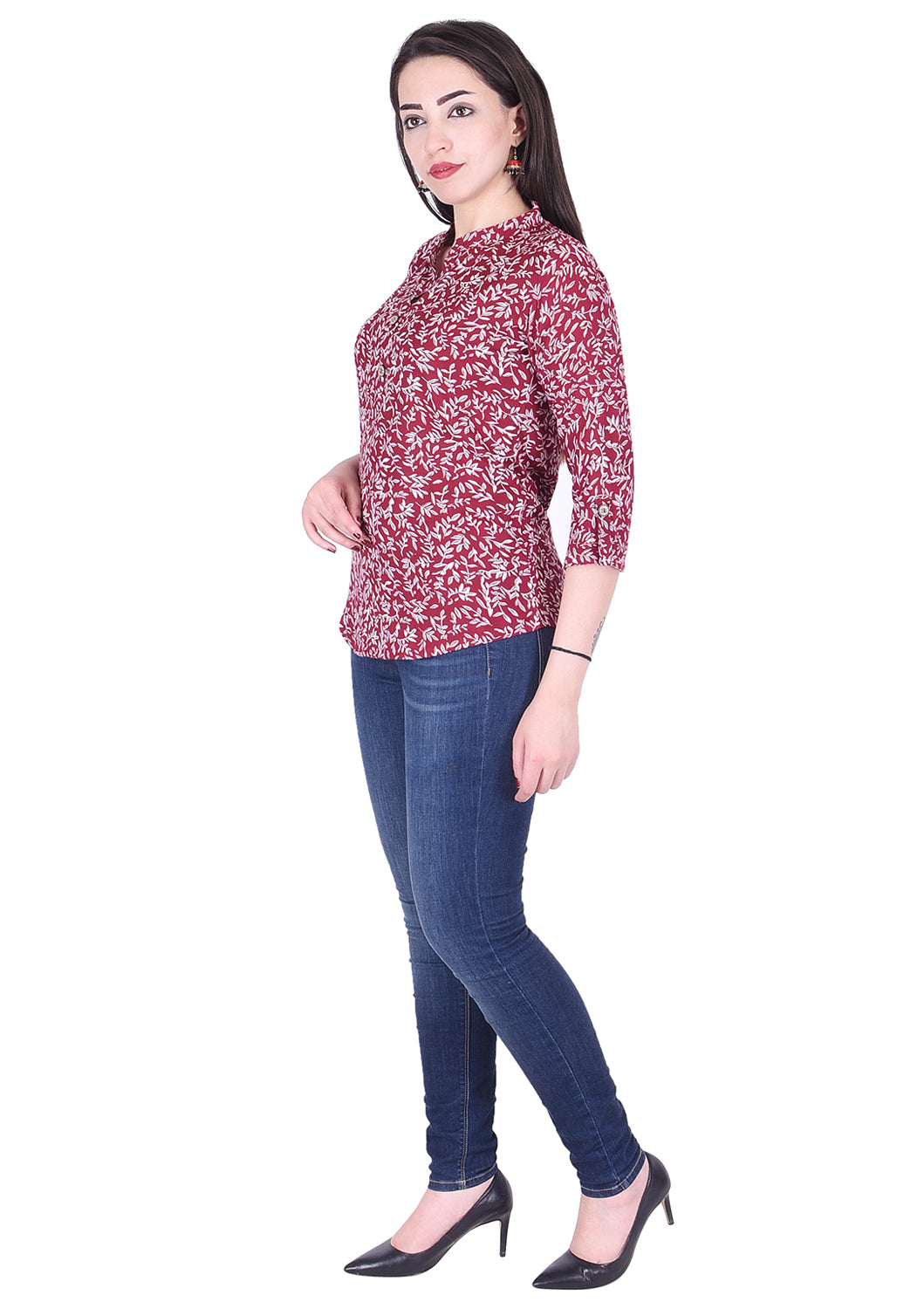 Casual 3/4th Sleeve maroon Flower Printed Top