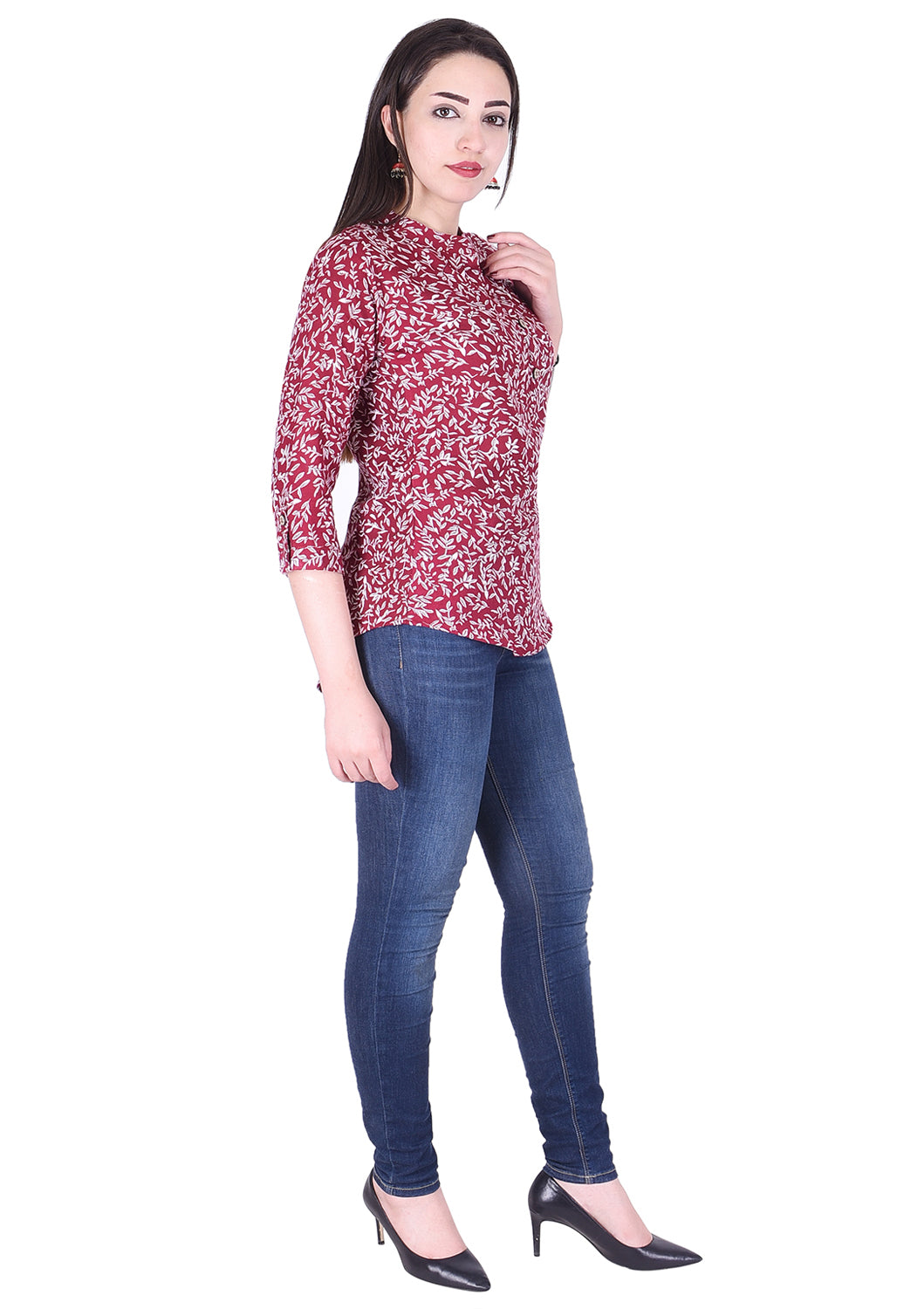 Casual 3/4th Sleeve maroon Flower Printed Top