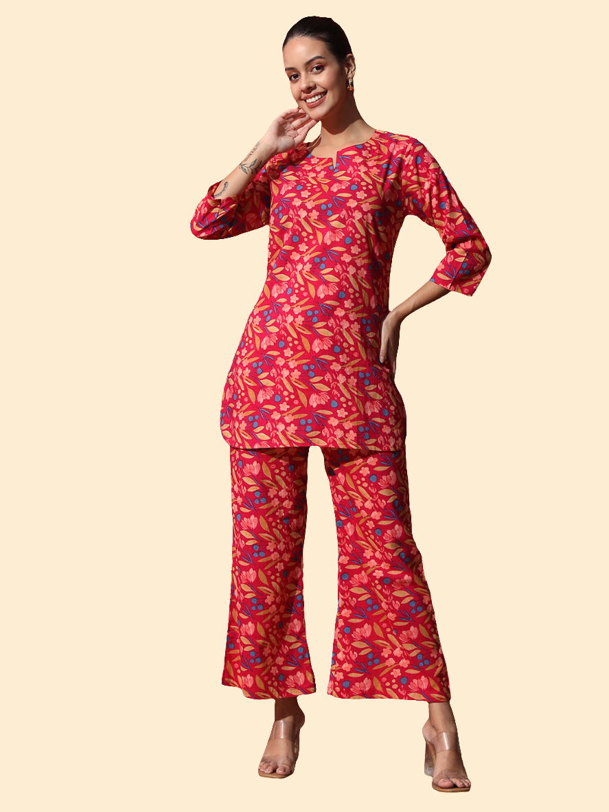 Rani Pink Flower Printed Cotton Co-Ord Set with Pallazo