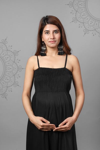 Solid Black Color Shoulder Straps Maternity Gown