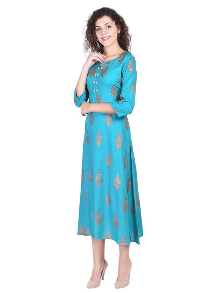 Turquoise Blue Gold Printed Long Kurta