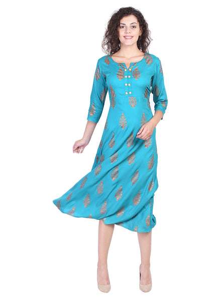 Turquoise Blue Gold Printed Long Kurta