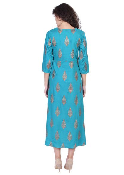 Turquoise Blue Gold Printed Long Kurta