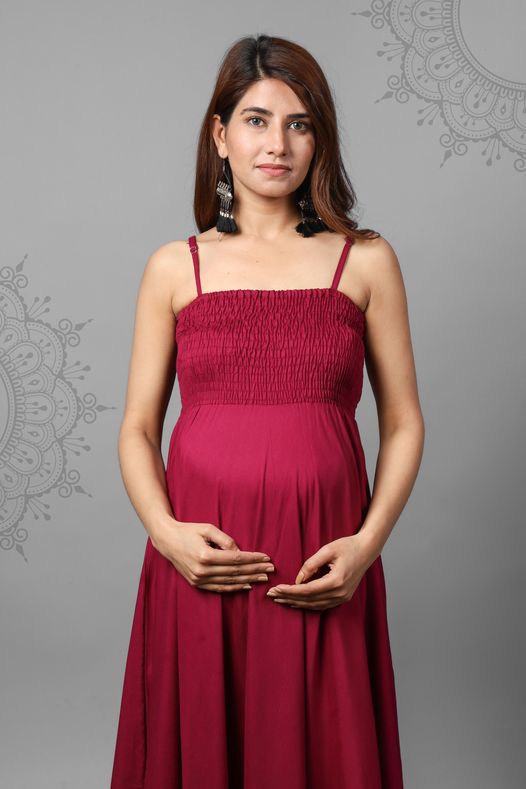 Solid Wine Color Shoulder Straps Maternity Gown