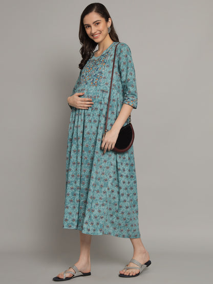 C-Green Booti Printed Maternity Gown with Feeding Zip
