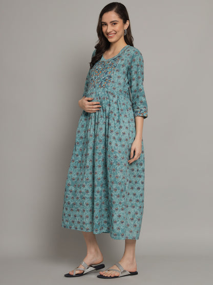 C-Green Booti Printed Maternity Gown with Feeding Zip