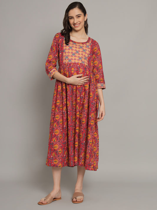 Printed Maternity Gown with Feeding Zip