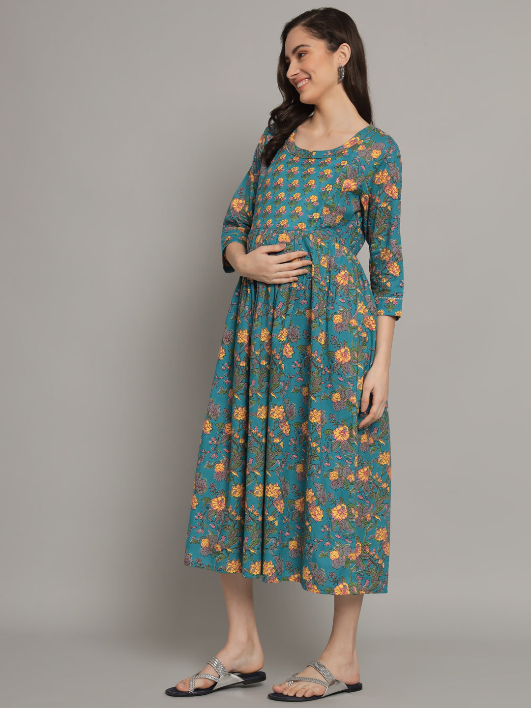Green Flower Printed Maternity Gown with Feeding Zip