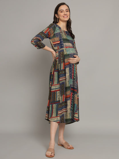 Geometric Printed Blue  Maternity Gown with Feeding Zip