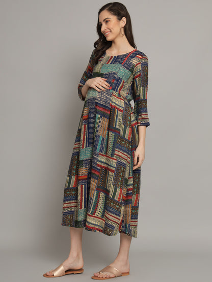 Geometric Printed Blue  Maternity Gown with Feeding Zip