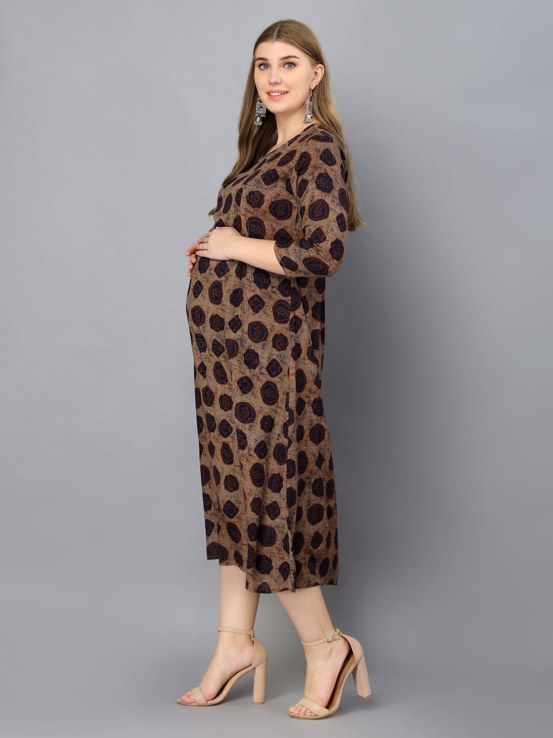 Geometric Coin Printed Copper Maternity Gown with Feeding Zip