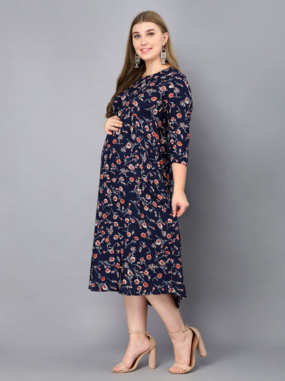 Blue Flower Printed Maternity Gown with Feeding Zip