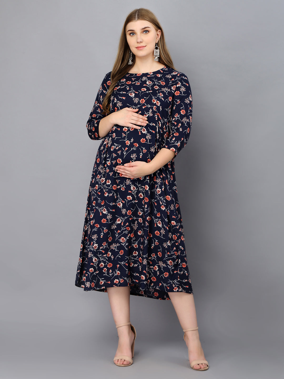 Blue Flower Printed Maternity Gown with Feeding Zip