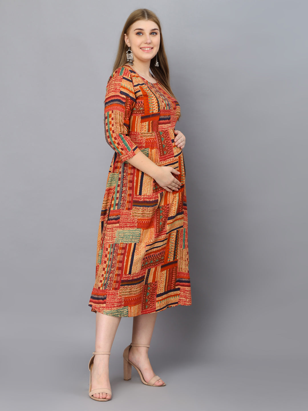 Geometric Printed Brown Maternity Gown with Feeding Zip