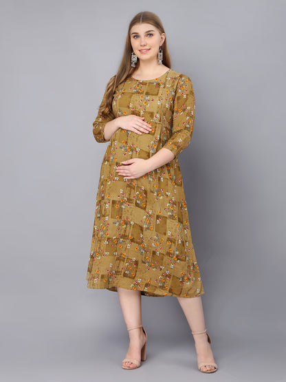 Flower Printed Brown Maternity Feeding Gown with Zip