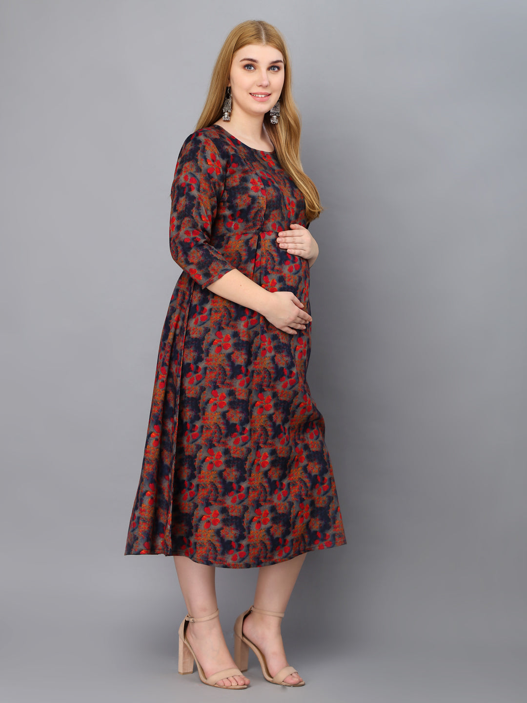 Abstract Printed Blue Maternity Feeding Gown with Zip