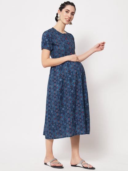 Blue Flower Printed Designer Maternity Gown