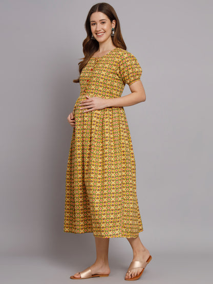 Abstract Printed Yellow Maternity Feeding Gown with Zip