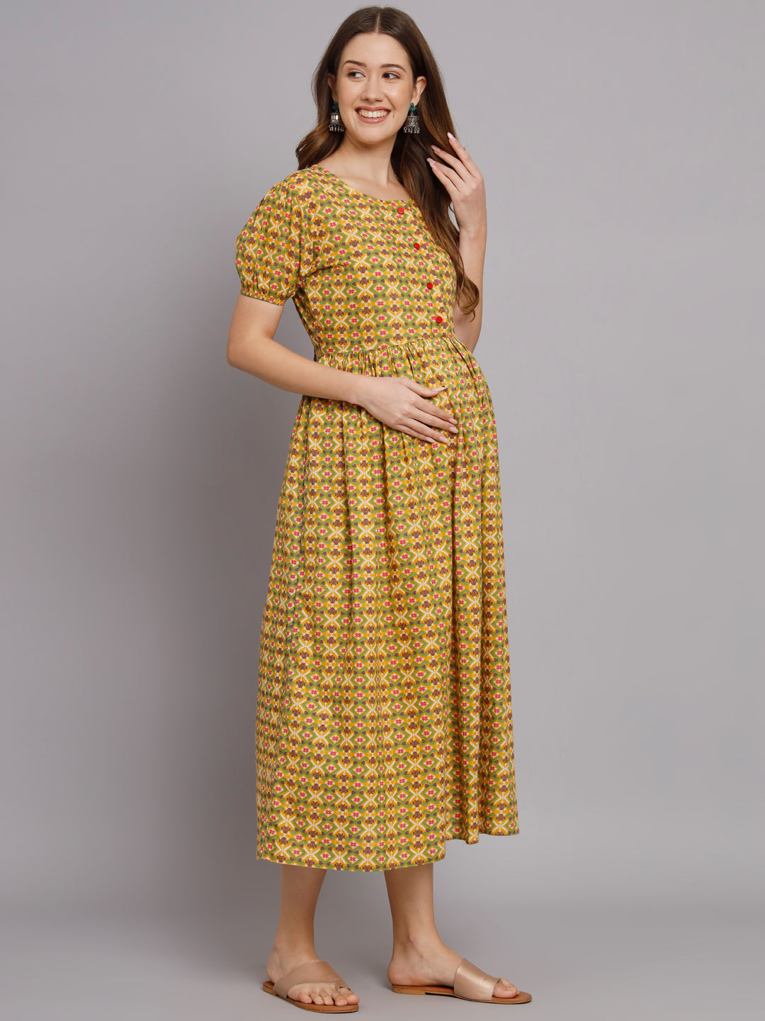 Abstract Printed Yellow Maternity Feeding Gown with Zip