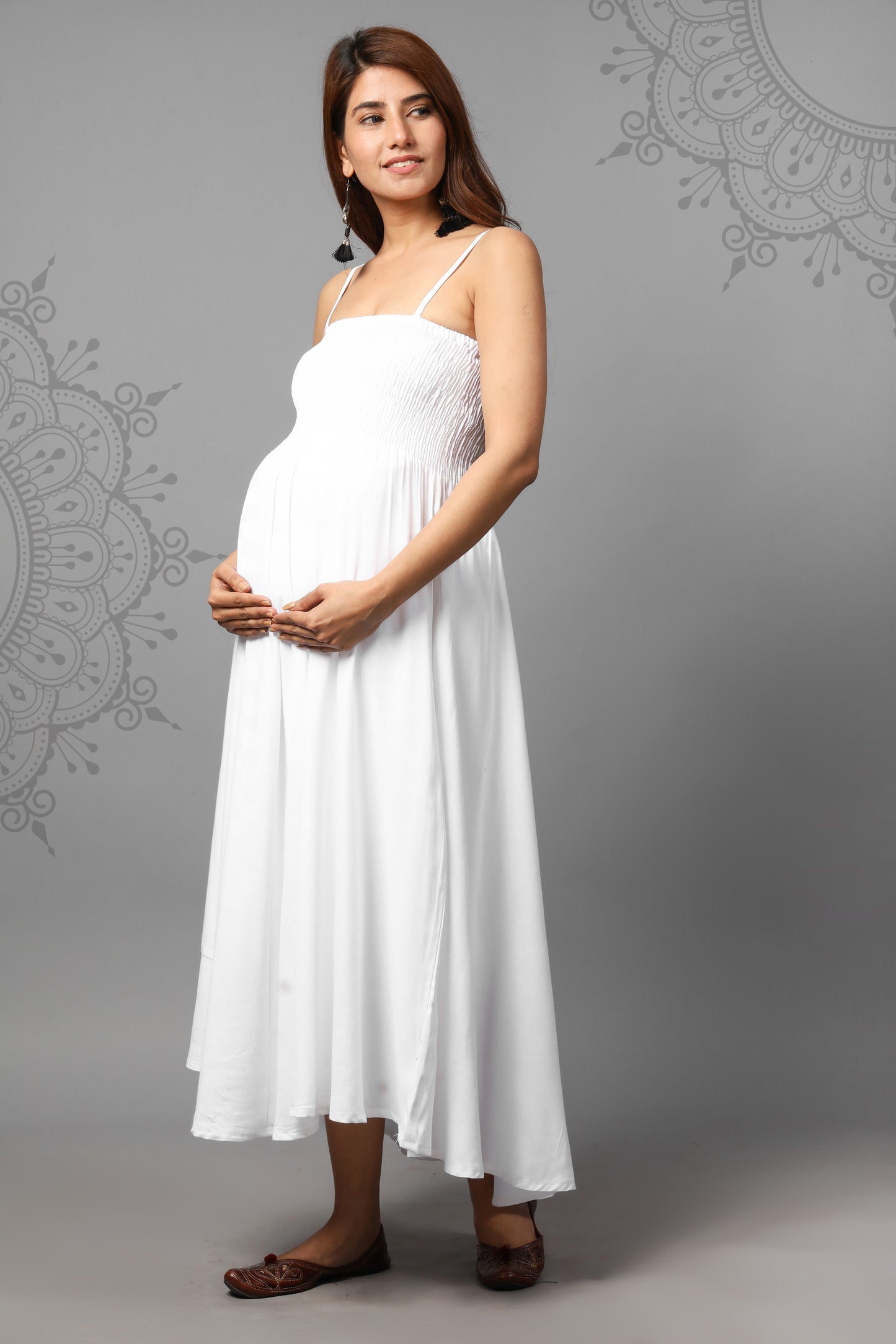 Solid White Color Shoulder Straps Maternity Gown