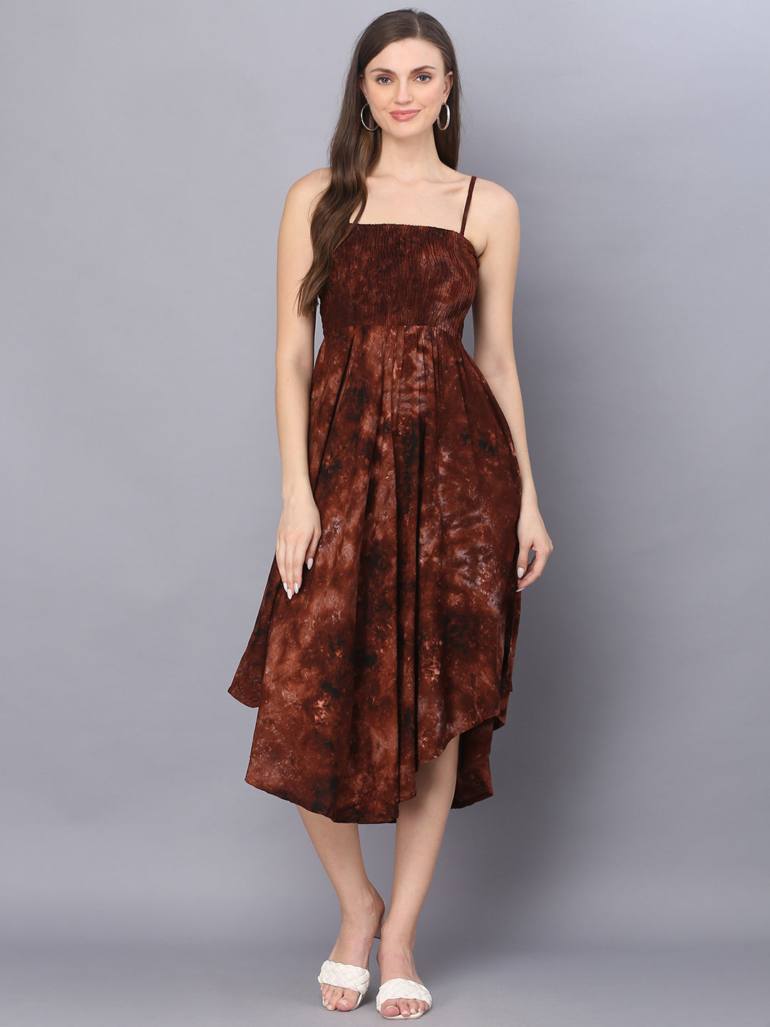 Tie Dye Printed Brown Shoulder Straps Long Bobbin Gown Dress