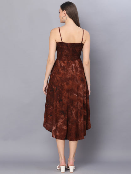 Tie Dye Printed Brown Shoulder Straps Long Bobbin Gown Dress