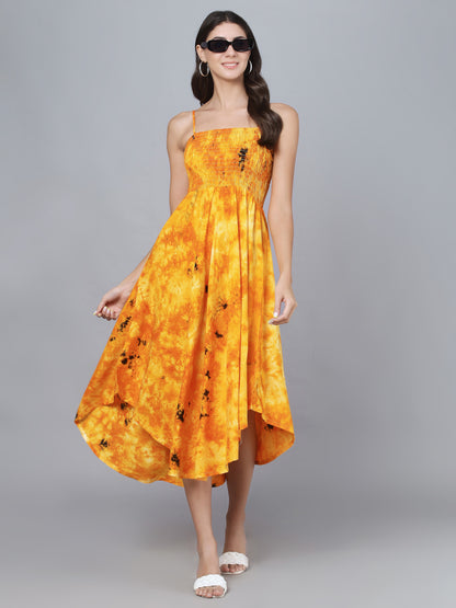 Yellow Tie Dye Printed Shoulder Straps Long Bobbin Gown Dress