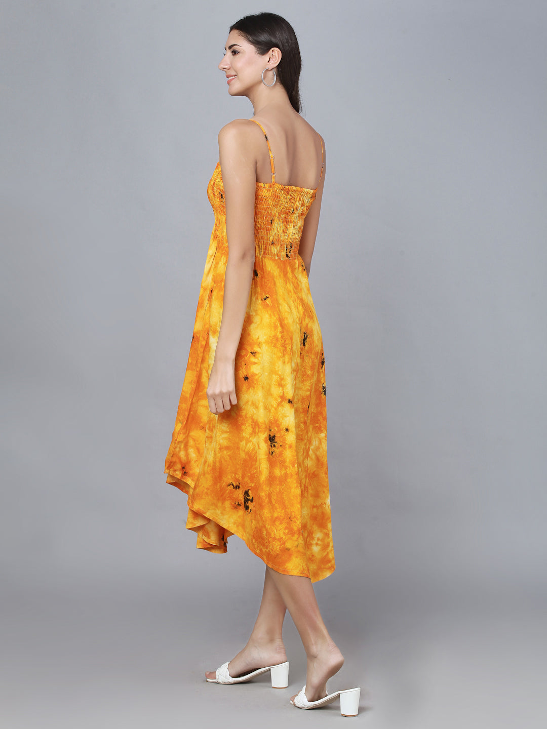 Yellow Tie Dye Printed Shoulder Straps Long Bobbin Gown Dress