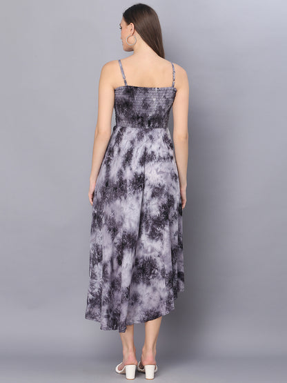 Grey Tie Dye Printed Shoulder Straps Long Bobbin Gown Dress