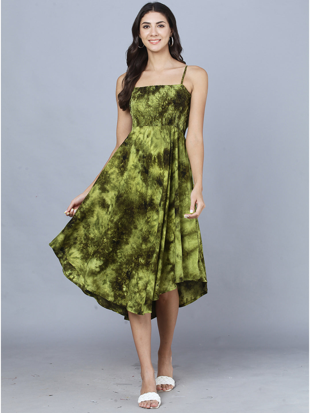Olive Green Tie Dye Printed Shoulder Straps Long Bobbin Gown Dress