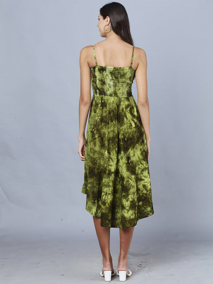 Olive Green Tie Dye Printed Shoulder Straps Long Bobbin Gown Dress
