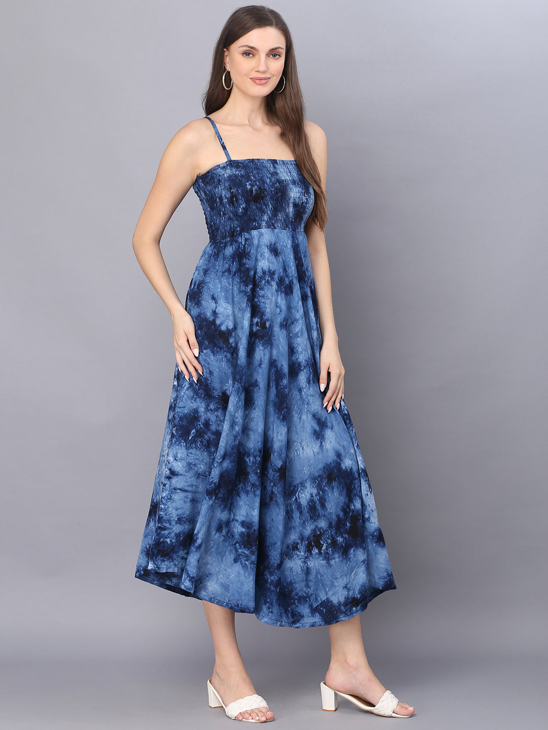 Tie Dye Printed Navy Blue Shoulder Straps Long Bobbin Gown Dress