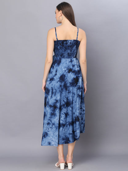 Tie Dye Printed Navy Blue Shoulder Straps Long Bobbin Gown Dress