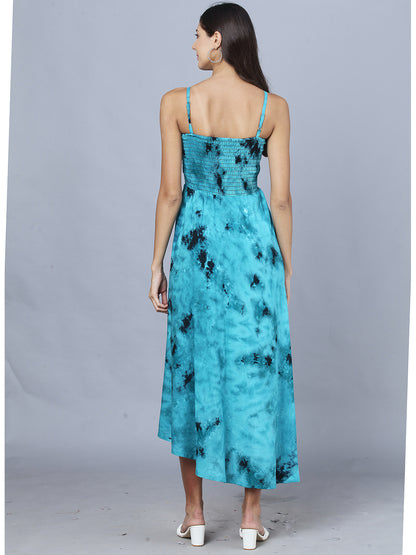 Rama Green Tie Dye Printed Shoulder Straps Long Bobbin Gown Dress