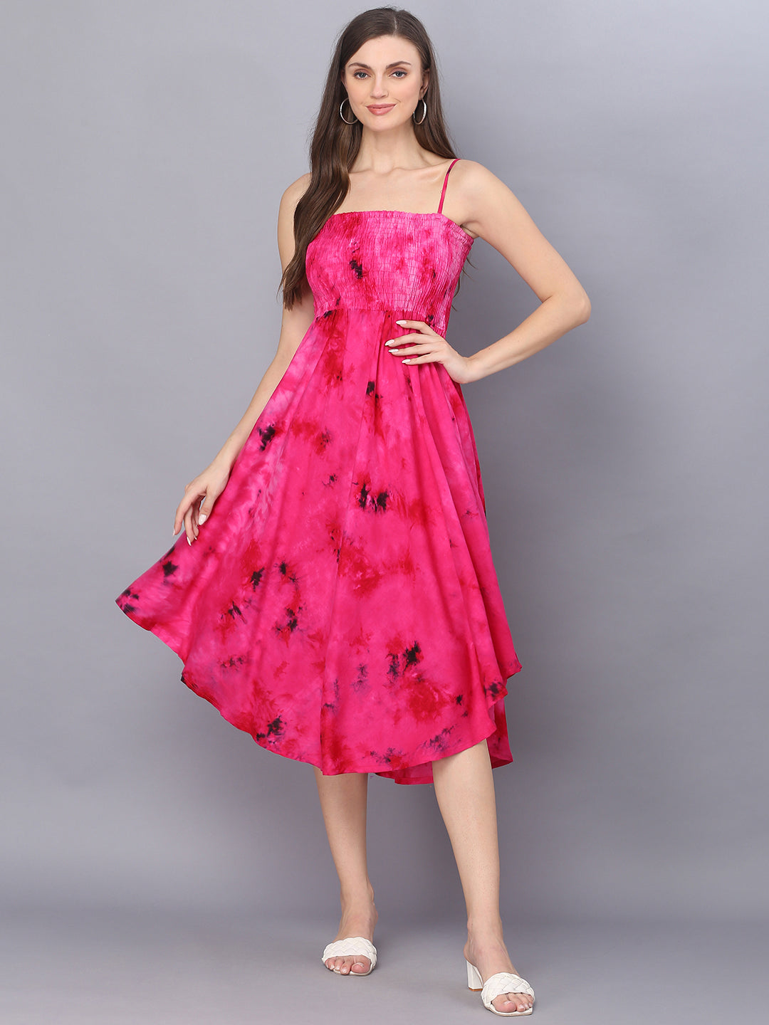 Rani Pink Tie Dye Printed Shoulder Straps Long Bobbin Gown Dress