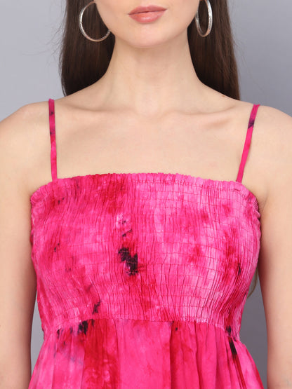 Rani Pink Tie Dye Printed Shoulder Straps Long Bobbin Gown Dress