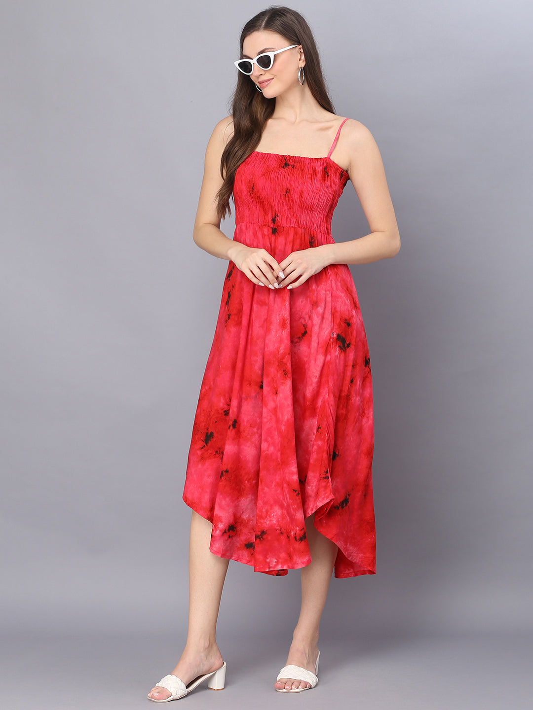 Red Tie Dye Printed Shoulder Straps Long Bobbin Gown Dress