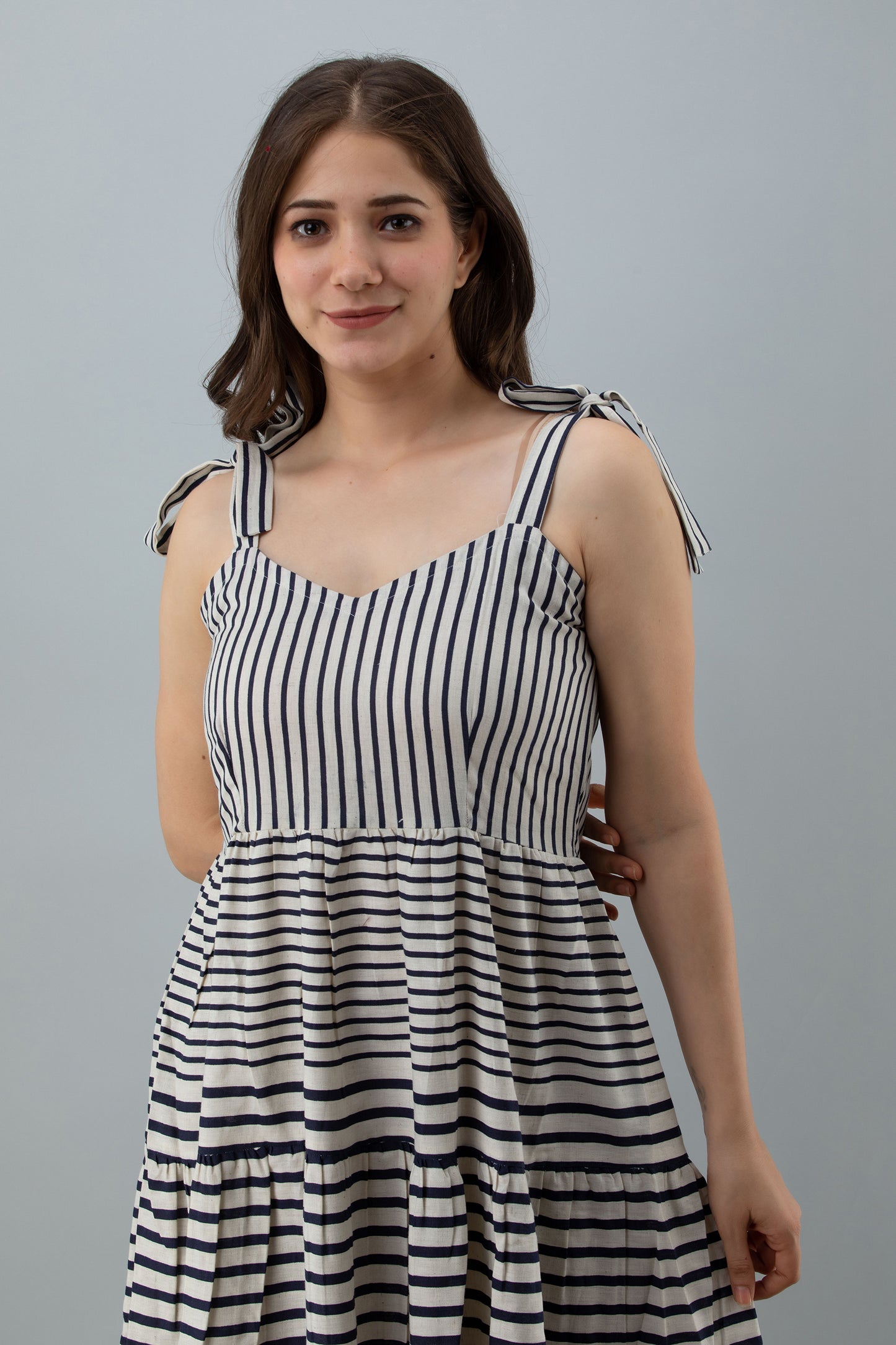 Blue Stripes Printed Shoulder Straps One Piece Dress