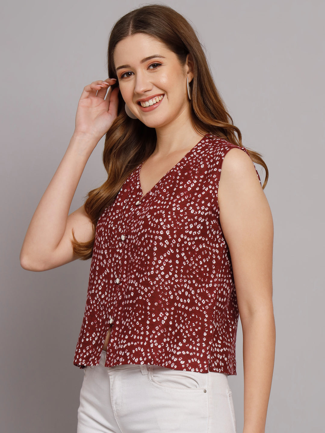 Bandhej Printed V-Neck Sleeve less Casual Top